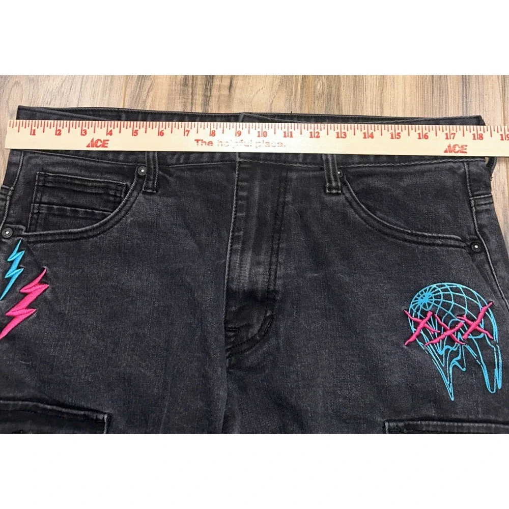 Smoke Rise Mens Distressed Graffiti Cargo Pants 36x34‎ Black Grunge Urban Street